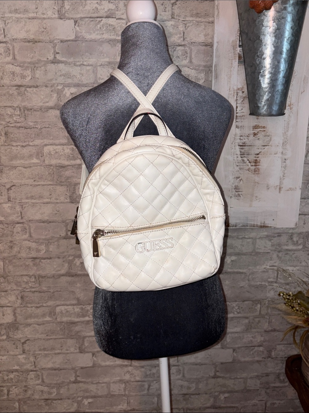 GUESS Quilted Cream Mini Backpack with Front Zip Pocket
